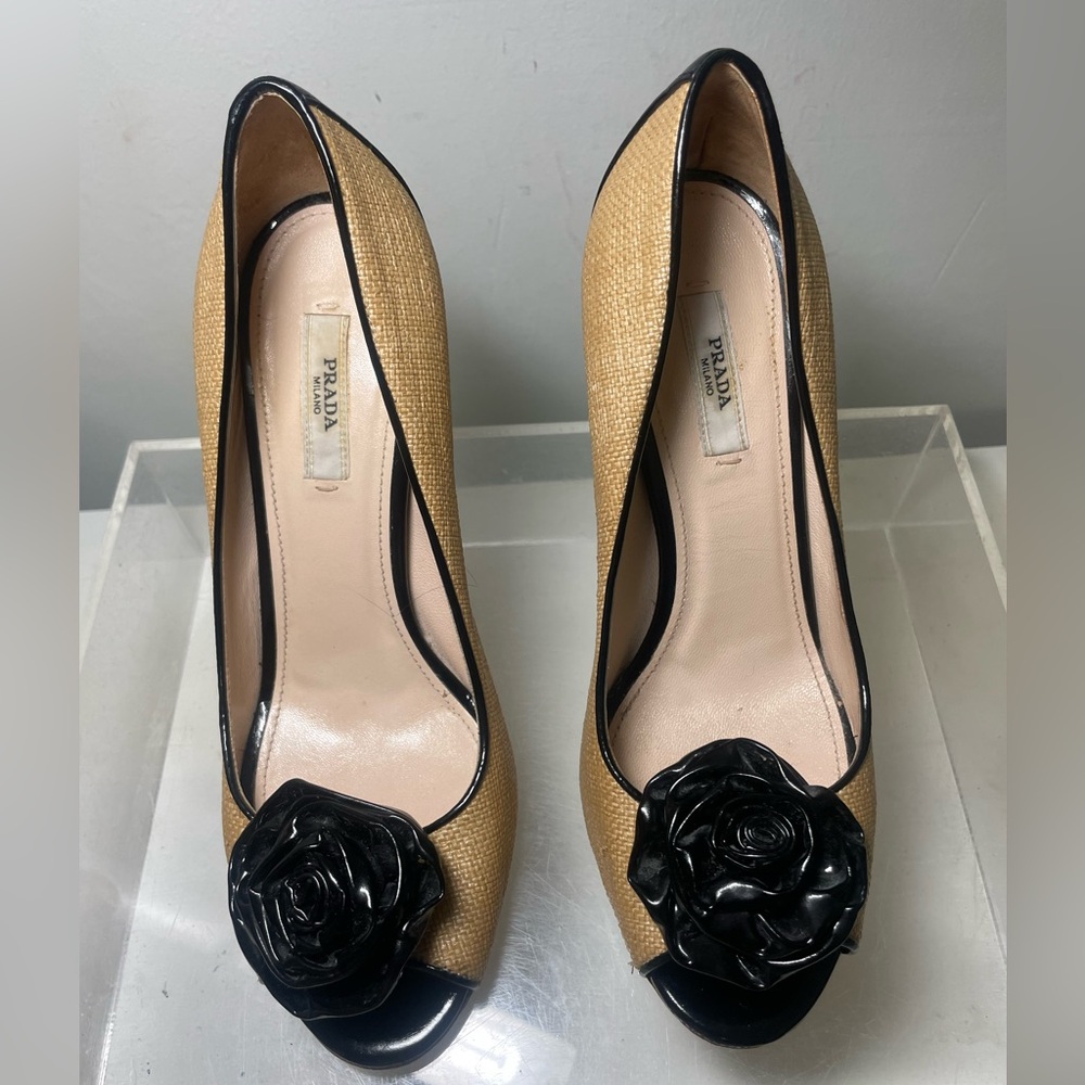 PRADA shoes peep raff pumps color black sz 7.5 made in italy